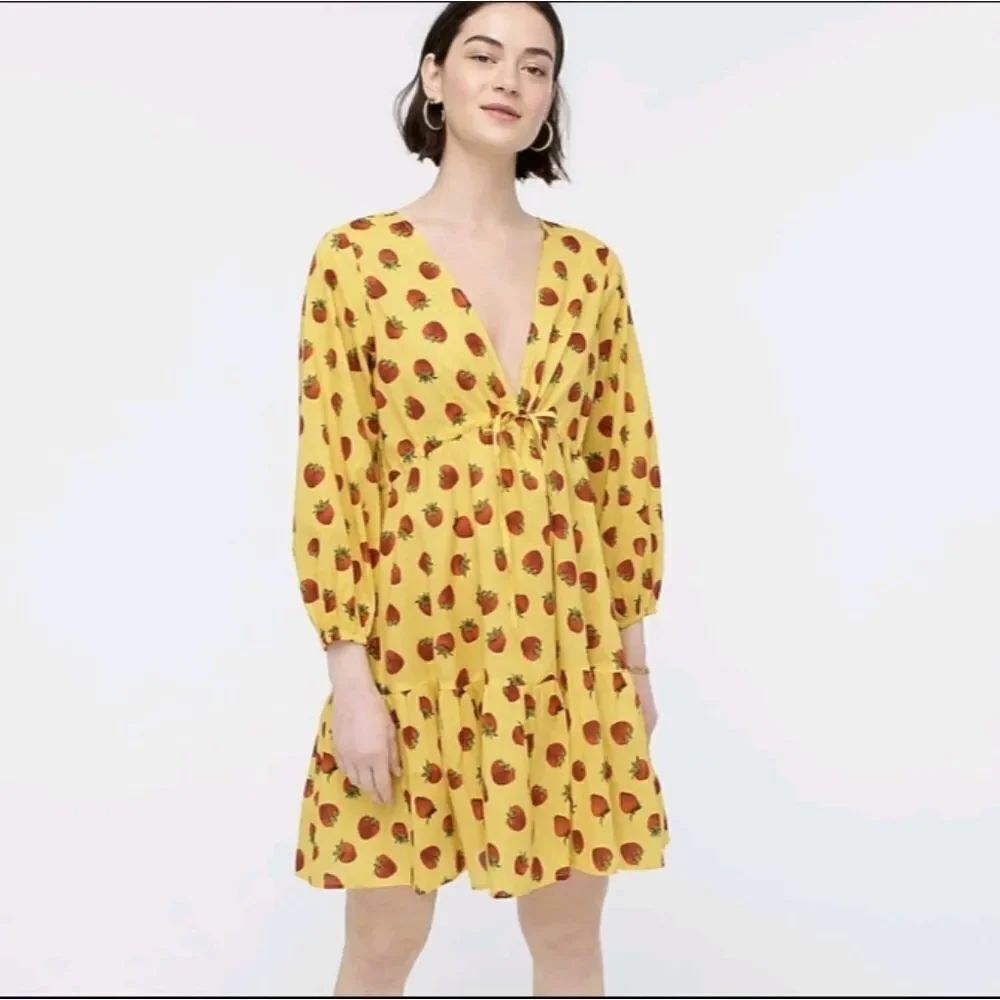 J CREW Edie Parker long sleeve cover-up Mini Dress Strawberries Print Yellow M